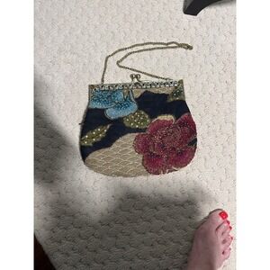 Christiana Beaded Evening Bag Vintage Kiss Lock Clutch Black Red Gold Rose